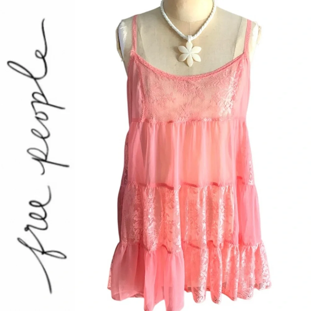 Free People Intimately tiered chiffon and lace pink babydoll slip dress- XS - Picture 1 of 11